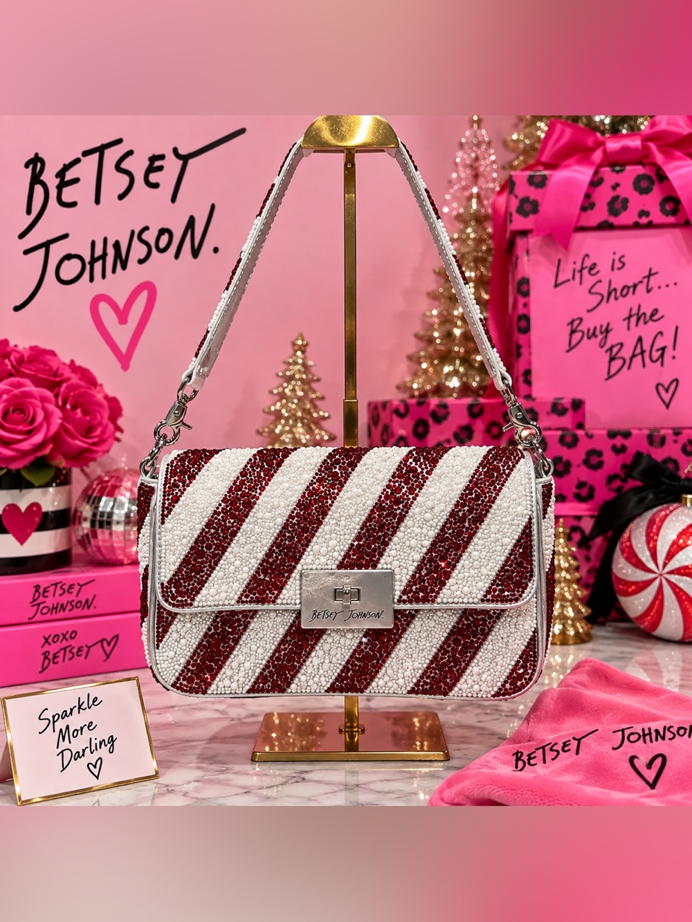 Betsey Johnson Peppermint Candy Cane Rhinestone Baguette Shoulder Bag NWOT